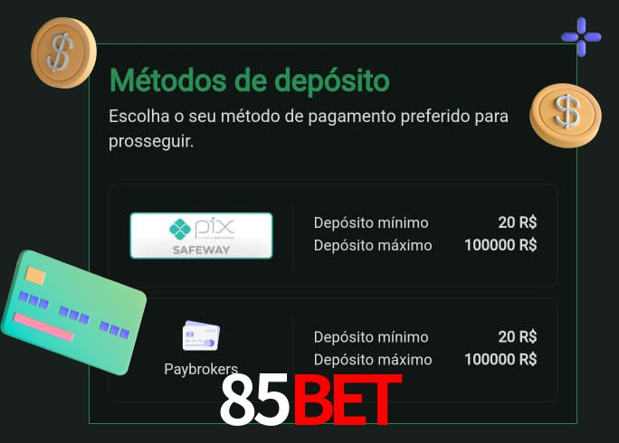O cassino 85Bet oferece uma grande variedade de métodos de pagamento